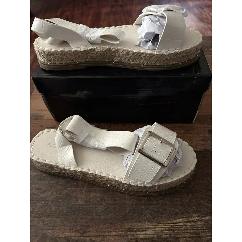 PrettyLittleThing White Croc Buckle Ankle Strap Espadrille Platform Sandals US 9
